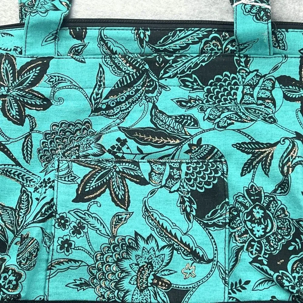 Mings Blue Black Floral Shoulder Tote Bag Boho Tropical Carryall NWT